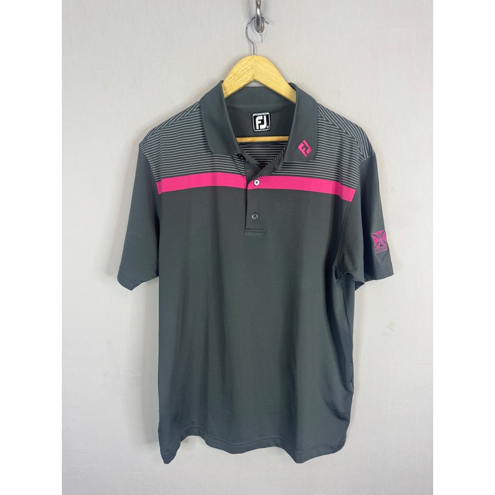 FootJoy Athletic Fit Golf Polo Grey Pink Stripe Turnberry Logo Mens Large XL